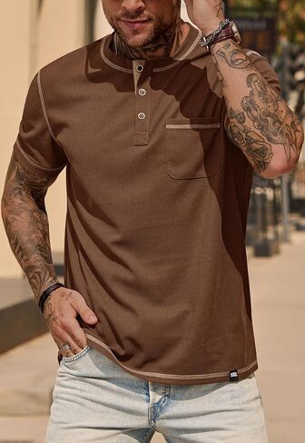 Mens Henley Shirts Casual Waffle Stretch Summer T-Shirt with Pocket (S-XXL) in Kuwait