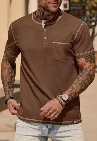 Mens Henley Shirts Casual Waffle Stretch Summer T-Shirt with Pocket (S-XXL) in Kuwait