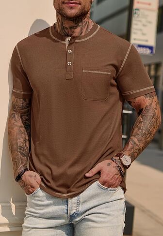 Mens Henley Shirts Casual Waffle Stretch Summer T-Shirt with Pocket (S-XXL) in Kuwait