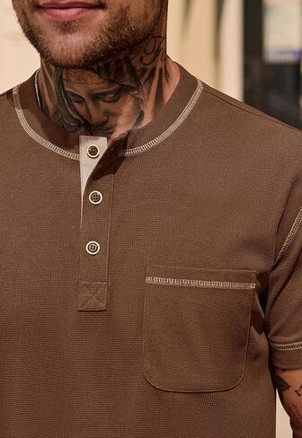 Mens Henley Shirts Casual Waffle Stretch Summer T-Shirt with Pocket (S-XXL) in Kuwait