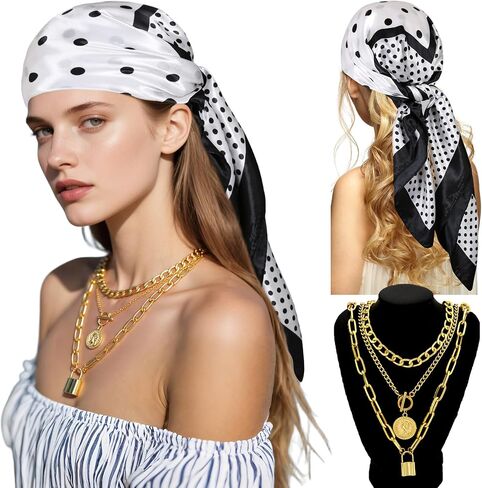 GERVAISE Women Pirate Accessories 35" Square Head Scarf Bandana Layered Gold Necklaces in Saudi Arabia