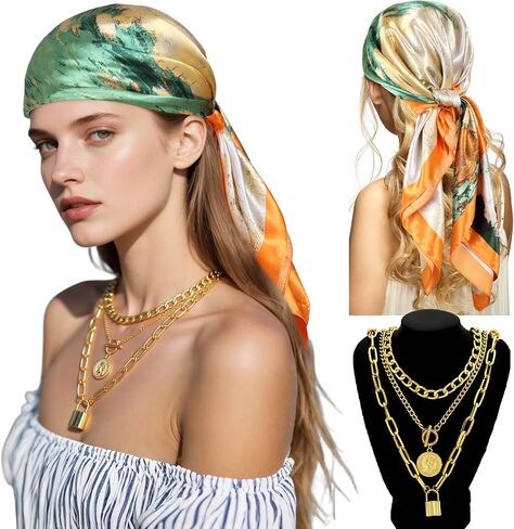 GERVAISE Women Pirate Accessories 35" Square Head Scarf Bandana Layered Gold Necklaces in Saudi Arabia