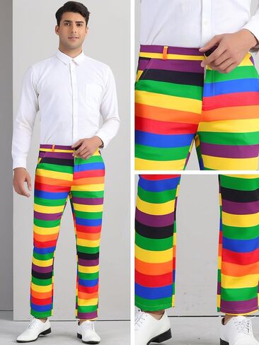 Lars Amadeus Rainbow Dress Pants for Men's Regular Fit Contrast Color Slacks Striped Trousers in Saudi Arabia