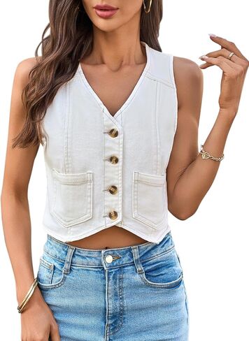 Yousify Women's Summer Tops Denim Vest Sleeveless V Neck Button Down Jean Y2k Crop Jacket With Pocket in Saudi Arabia