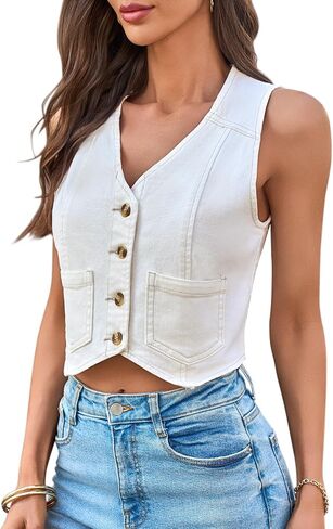 Yousify Women's Summer Tops Denim Vest Sleeveless V Neck Button Down Jean Y2k Crop Jacket With Pocket in Saudi Arabia