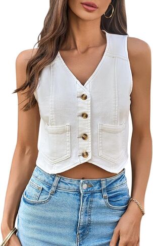 Yousify Women's Summer Tops Denim Vest Sleeveless V Neck Button Down Jean Y2k Crop Jacket With Pocket in Saudi Arabia