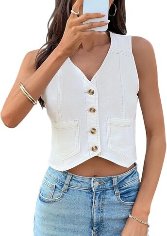 Yousify Women's Summer Tops Denim Vest Sleeveless V Neck Button Down Jean Y2k Crop Jacket With Pocket in Saudi Arabia