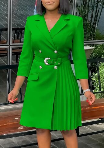 Women's Lapel Neck Double Breasted Blazer Dress Business Elegant 3/4 Sleeve Pleated Midi Dress with Belt in Kuwait