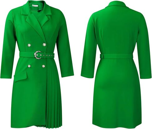 Women's Lapel Neck Double Breasted Blazer Dress Business Elegant 3/4 Sleeve Pleated Midi Dress with Belt in Kuwait
