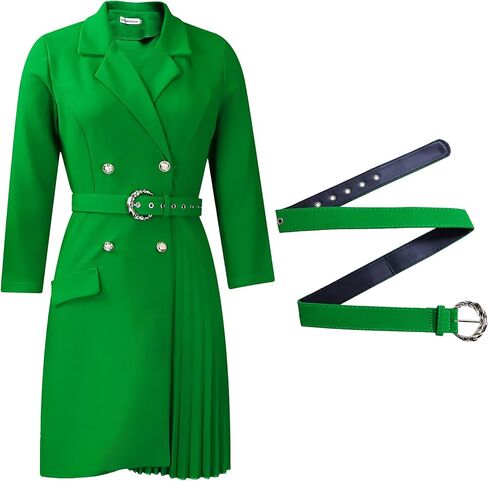 Women's Lapel Neck Double Breasted Blazer Dress Business Elegant 3/4 Sleeve Pleated Midi Dress with Belt in Kuwait