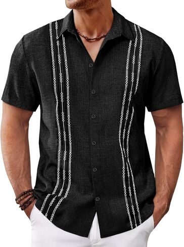Runcati Mens Cuban Guayabera Shirts Short Sleeve Button Down Casual Summer Beach Wedding Embroidered Linen Tops in Saudi Arabia