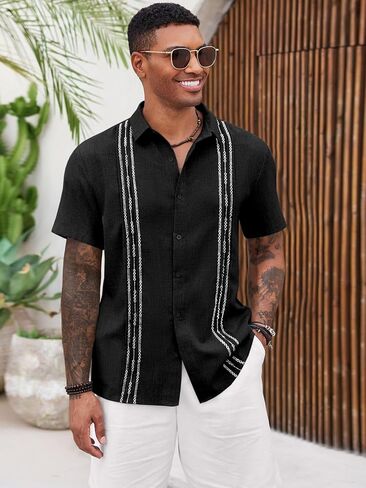 Runcati Mens Cuban Guayabera Shirts Short Sleeve Button Down Casual Summer Beach Wedding Embroidered Linen Tops in Saudi Arabia