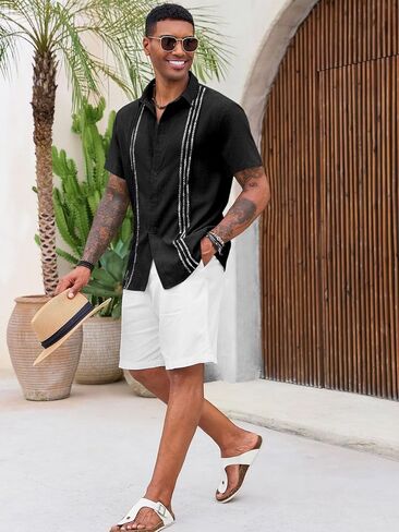 Runcati Mens Cuban Guayabera Shirts Short Sleeve Button Down Casual Summer Beach Wedding Embroidered Linen Tops in Saudi Arabia