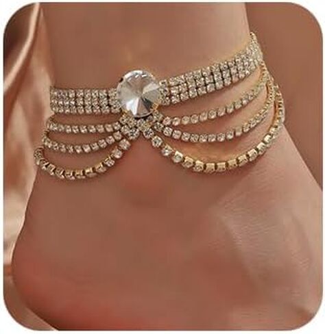 Cuban Silver Gold Crystal Rhinestone Ankle Bracelets Dainty Cuban Link Chain Rhinestone Foot Chain Adjustable Link Ankle Bracelet Tassel Crystal Rhinestone Ankle Bracelets for Women in Saudi Arabia