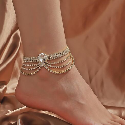 Cuban Silver Gold Crystal Rhinestone Ankle Bracelets Dainty Cuban Link Chain Rhinestone Foot Chain Adjustable Link Ankle Bracelet Tassel Crystal Rhinestone Ankle Bracelets for Women in Saudi Arabia