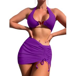 Swimsuit - Women's 3 Piece Bathing Suits (Butterfly Link) Bikini Set with Cover Up Skirt - hot Sexy Trendy Butterfly Design