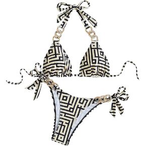 MakeMeChic Women's Two Piece Bikini Sets Geo Print Halter Metal Ring Tie Back Bathing Suit Swimsuit