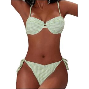 SweatyRocks Women's Two Piece Bikini Set Gingham Plaid Push Up Swimsuit String Cheeky Bathing Suit