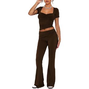Aisbei Women's 2 Piece Outfits Lounge Sets Long Sleeve Square Neck Ruched Tops Fold Over Flare Pants Tracksuits Sweatsuits