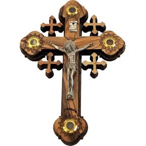 Holy Land Market Layered Old Wood Cross نحتًا بالليزر مع عينات - معلقة (12 سم أو 5 بوصات) صغيرة/شهادة