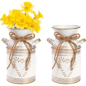 Hacaroa 2 Pack Metal Milk Can Rustic Galvanized Vase, 7.5 Inch Shabby Chic Can Jug with Handle, Primitive Decorative Flower Vase Mini Pitcher for Home, Living Room, Kitchen, Farmhouse Decoration