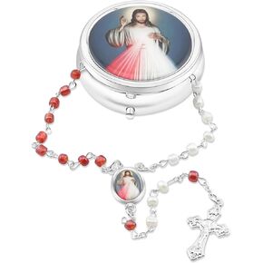 Catholic Town Rosary Necklace with Divine Mercy center piece, Cross Crucifix and metallic box. (ROSMIRDM-WR)