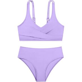 Girls Swimsuit 2 Piece Tropical Floral Twist Cross Swimwear High Waisted Bikini Set Teen Solid Color Bathing Suit 9-16T