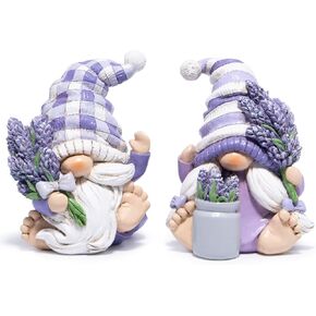 Hodao Set of 2 Lavender Gnome Figurines – Spring Miniature Resin Decorations with Lavender Flowers for Home Shelf, Garden, Tiered Tray Décor for Women or Her