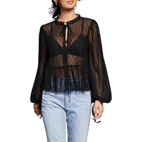Verdusa Women's See Through Mesh Polka Dots Bow Front Ruffle Peplum Long Sleeve Blouse