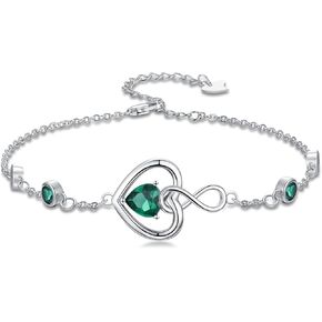 Heart Birthstone Anklet for Women 925 Sterling Silver Created Emerald Adjustable Anklet Bracelet Mother's Day Birthday Jewelry Gifts for Her