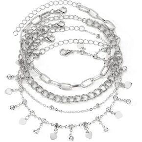 4-Piece Layered Anklet Set - Boho Beach Anklets for Women, Silver Anklets, Ankle Bracelets