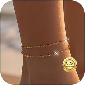 Sterling Silver Ankle Bracelets for Women 14K Gold Plated Beads Chain Anklets Adjustable Waterproof Layered Summer Beach Anklets for Women