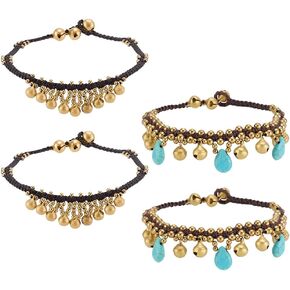 PH Pandahall Bohemian Cokle Bracelets ، 2pcs Bell Anclets Indian Anklets Golden Bell Canleres Turquoise Drop للنساء البالغات بوهو الصيفية الشاطئية هدايا ، 9.5 بوصة