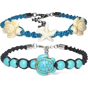 2pcs/Set Starfish Turtle Anklets Bracelet Summer Starfish Turtle Woven Bracelet Flower Sea Beads AnkletWax Rope Turquoise Beaded Anklet Bracelet Unisex Adjustable