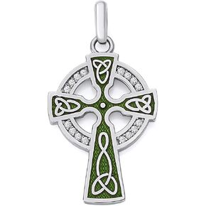 Pome Celtic Cross Pendant Necklace in Sterling Silver with Cubic Zirconia, Green Enamel, Made in America