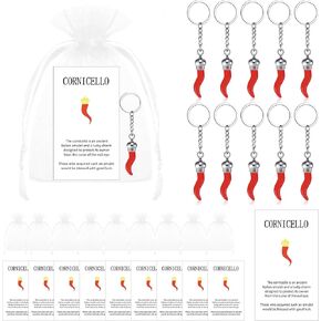 10 Set Italian Red Horn Keychain Gift Chili Pepper Charm Italy Collection Horn with Silver Chain Protection Amulet Cards Gift Bag for Rear View Mirror Italian Car Accessories