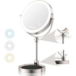 9" Makeup Mirror with Light, 12X/1X Lighted Magnifying Mirror, Angle Adjustable & 3 Color Dimmable, 360°Rotatable Rechargeable Double Sided Desk Mirror with Light