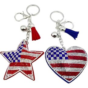 Desiar 2-Pack Velvet Leather Leather Rhinestone American Flag Beychains for Women and Girls-Sparkling Heart & Star Charms و Backpack Keyrings و Pres Tharms و Fun Key Fob و Cool Key Chain Higds
