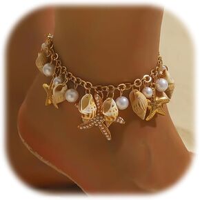 ZMANYIJEW Shell Ankle Bracelet Set for Women, Boho Pearl Adjustable Anklet,Beaded Layered Ankles Bracelets Shell Pendant Elastic Foot Chain Anklets for Women