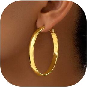 5mm Wide Gold Hoop Earrings for Women, 14K Gold Plated Big Chunky Hoop Earrings with S925 Sterling Silver Post, Hypoallergenic Lightweight Earrings Jewelry for Women 30/40/50/60/70mm