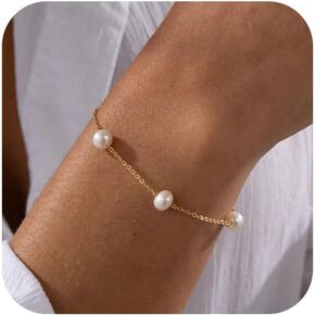 Pearl Bracelets for Women 925 Sterling Silver Simple Pearl Chain to Daughter,14K Gold Plated Dainty Pearl Bracelet BFF Friendship Bracelet Jewelry