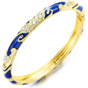 COOLSTEELANDBEYOND Women's Gold Bangle Bracelet, Blue Enamel Inlay with Elegant Swirls Sparkling Crystal, Hinged Clasp