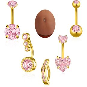 Belly Button Rings Gold Silver Pink Clear CZ Belly Rings for Women Heart Bow Flower Butterfly Teardrop Dangle Navel Belly Button Piercing Jewelry
