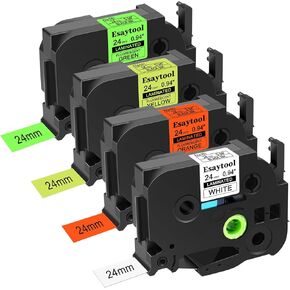 4 Pack Esaytool Replacement for P Touch TZe-251 B51 C51 D51 24mm 0.94inch Laminated White and Fluorescent Orange Yellow Green Label Tape Compatible for Ptouch PT-D600 PT-D610BT PT-P710BT Label Marker