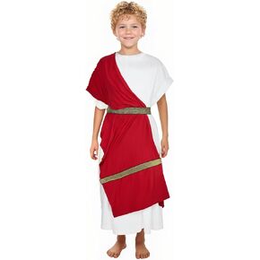 MCJC Greek Toga God Costume for Children, Kids Roman Noble Dress with Gold Belt, White and Red, Halloween Cosplay