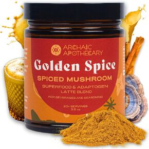 Golden Spice - Mushroom Golden Milk, Heirloom Turmeric Latte Spice Blend | Turkey Tail & Ashwagandha Adaptogens | Caffeine-Free Rooibos Matcha | No Milk or Sweetener Fillers