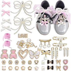 yuboo 43pcs Shoe Charms for Sneaker- Pink Lace shoelaces, Pearls & Black Bow Shoelace Charms for Sneakers, Bags, Hats | Jewelry Shoe Decorations for Women/Girls