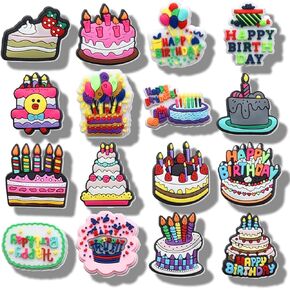 16pcs سحر أحذية عيد ميلاد سعيد ، كعكة عيد ميلاد PVC أحذية الديكور سحر التزيين للأحذية ، الأساور ، المعصم ، والصنادل - هدية لأعياد الميلاد والحفلات والأعياد والأطفال والمراهقين والبالغين.