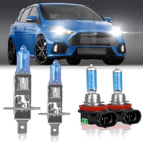 مناسب لـ Ford Focus 2012-2018 مصابيح مصابيح هالوجين عالية الأداء ، H1 High Beam + H11 Low Beam Beam Please Pluctip Plbs ، Slip and Play ، حزمة 4