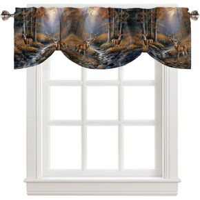 Tie Up Window Valances Kitchen Curtain, Deer Standing by a Stream Deep in The Forest Rod Pocket Curtain Valance Window Topper Decor Valance Curtains for Living Room, Bedroom, Cafe, 42x18inch